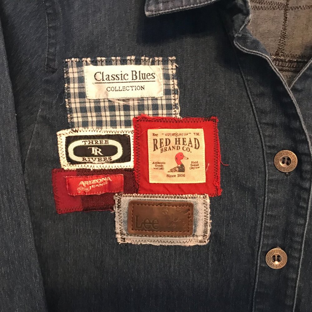 Upcycled Labels Jean Jacket Cropped Shirt Coat, Sewn-On Clothing Labels Sz S - M - Picture 15 of 16